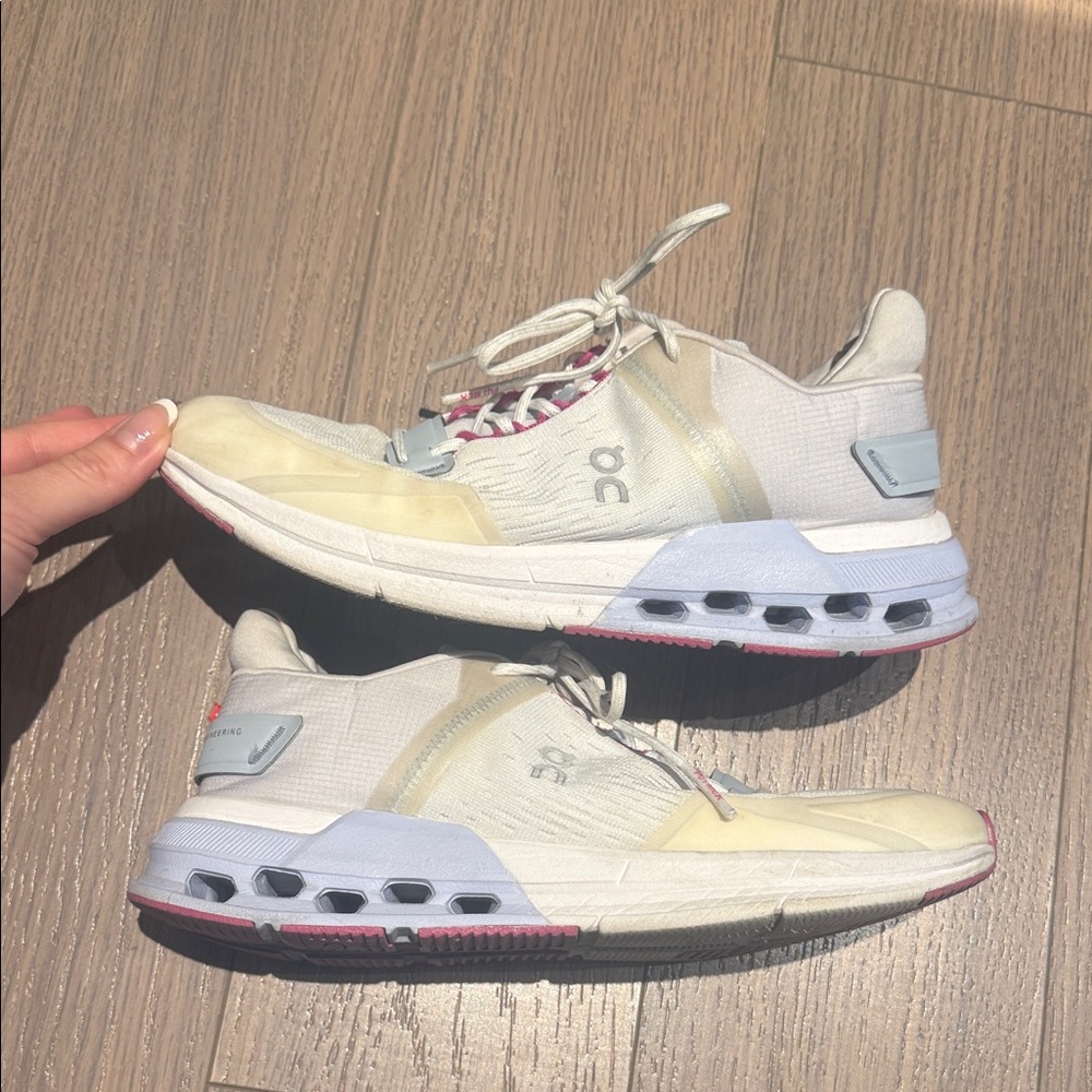 On Running Cream and Gray Athletic Shoes